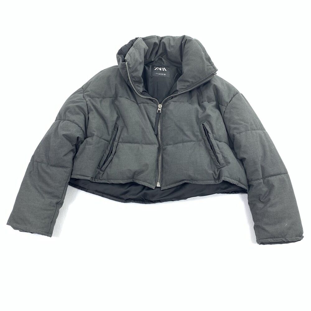 Zara Cropped Puffer Coat Size Medium Womens Dark Gray Winter Cold Weather Jacket